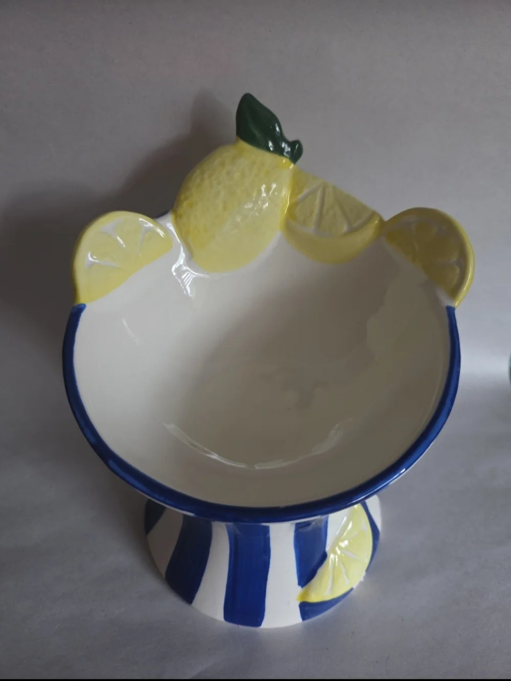 Hand-Painted Blue & White Striped Lemon Ceramic Vase